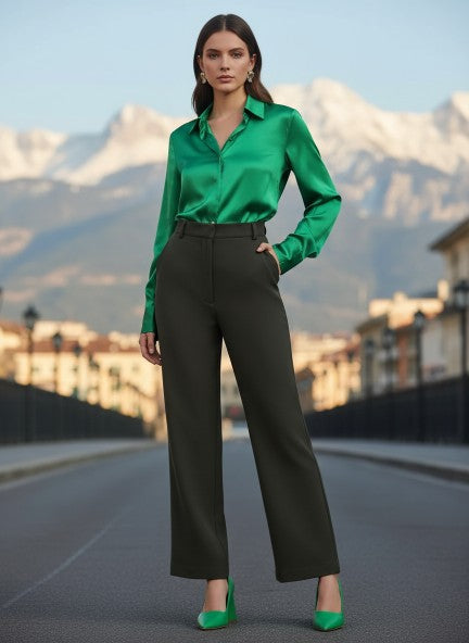Banana Crepe Olive Straight Fit With Flap Pocket Trouser