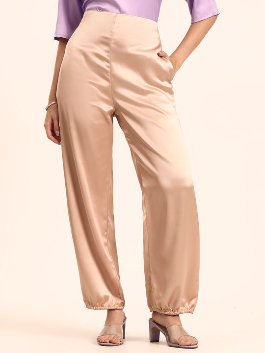 Luxury Satin Wide Leg Pants European Fabric  Light Beige Glam Look