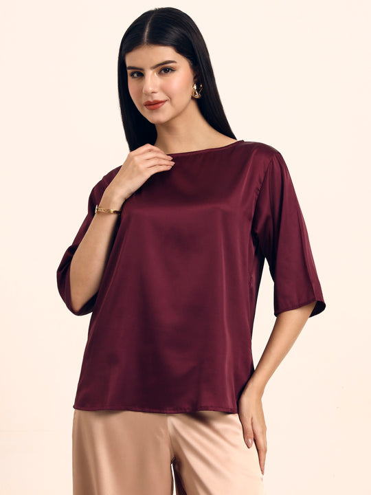 Women's Luxury Elegant Deep Plum European Satin Top