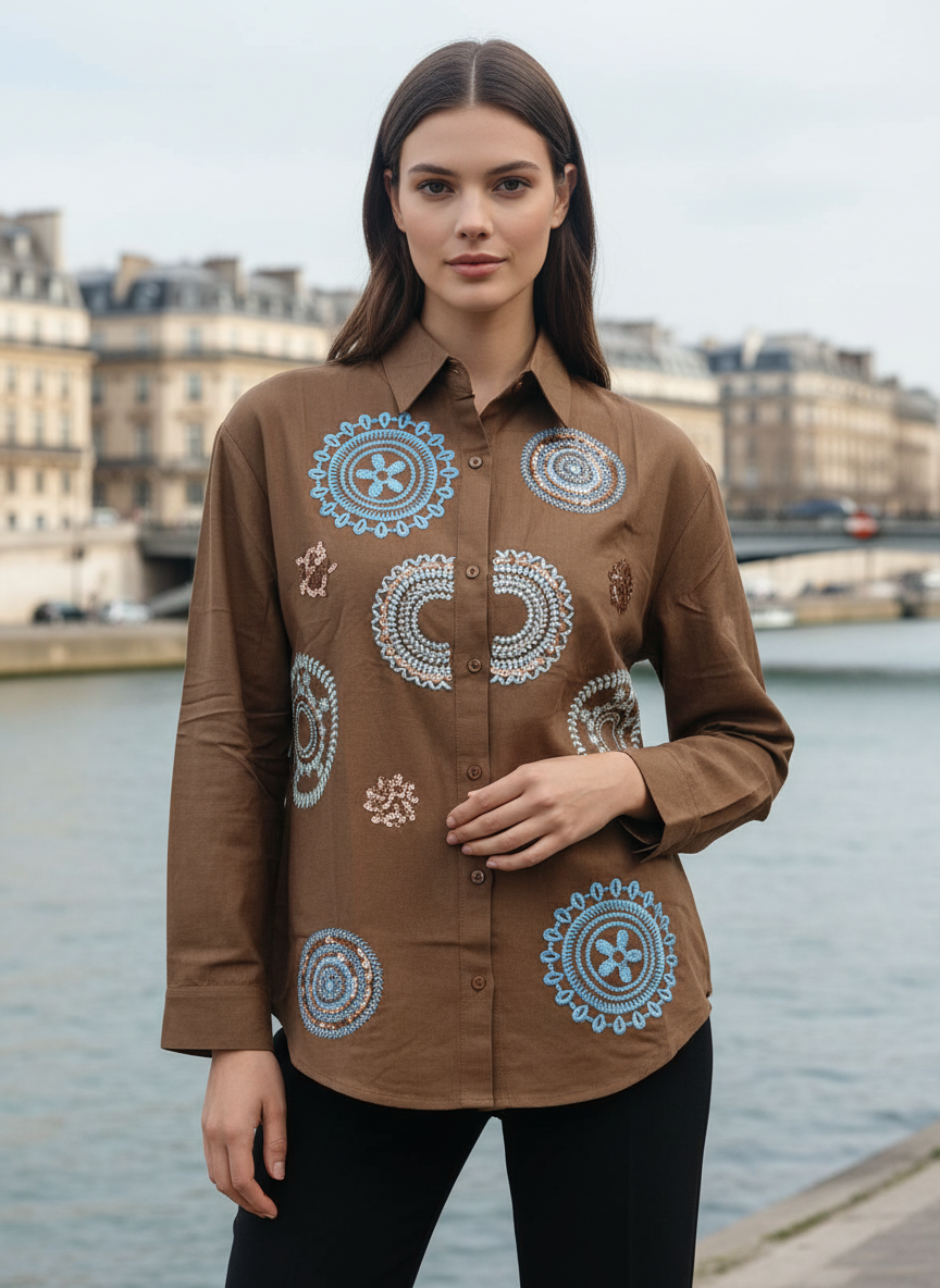 Brown Multi-Color Circular Embroidered Cotton Shirt