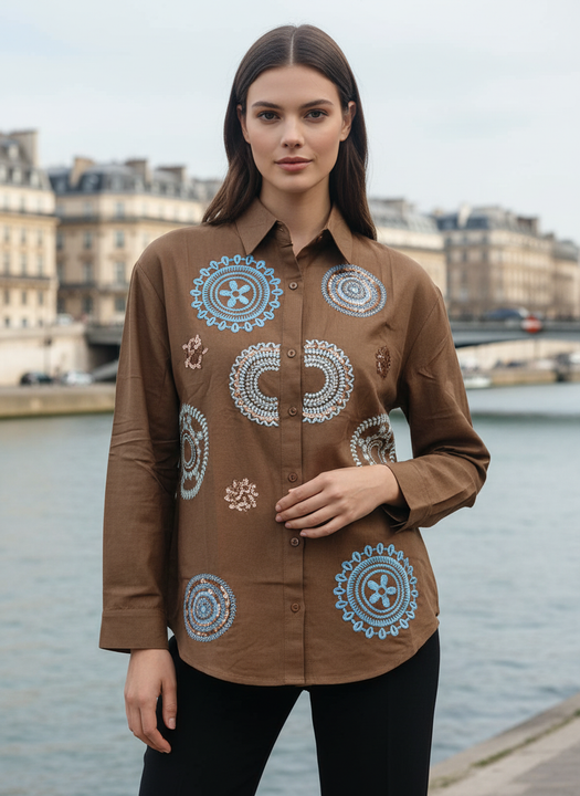 Brown Multi-Color Circular Embroidered Cotton Shirt