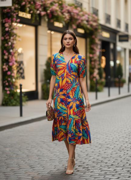 Rayon Printed Puff Sleeve A Line Front Button Maxi Dress