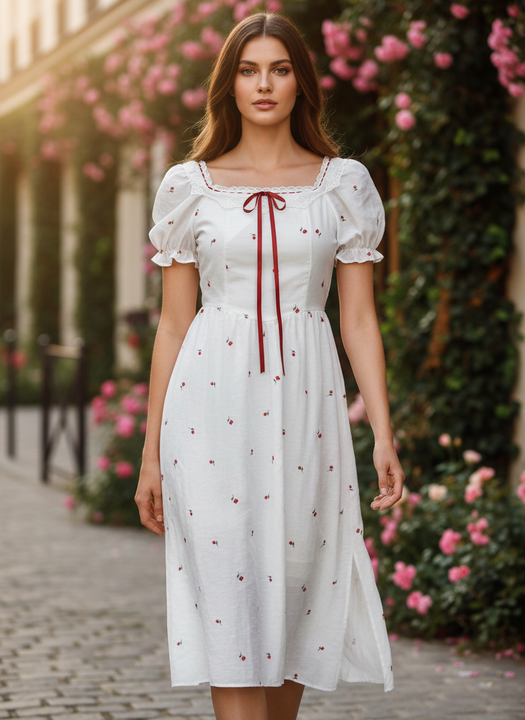 Elegant White Floral Printed Midi Dress for Women