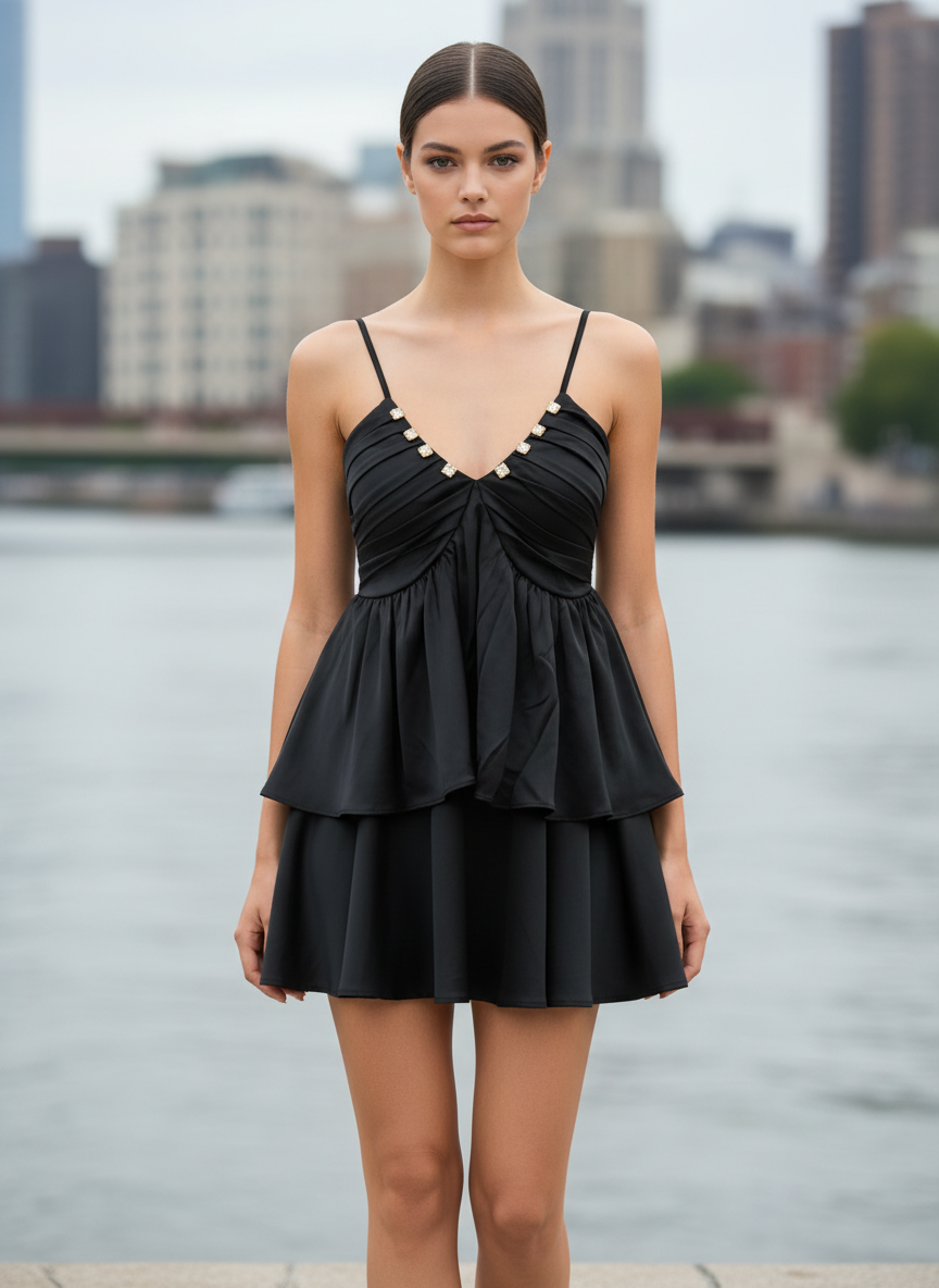 Stylish Black Layered Mini Dress with Embellished Neckline for Women