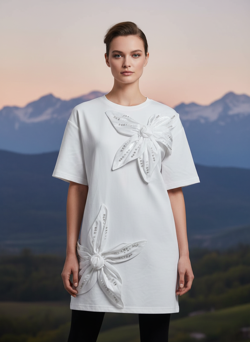 Elegant White Floral Applique Oversized T-Shirt for Women