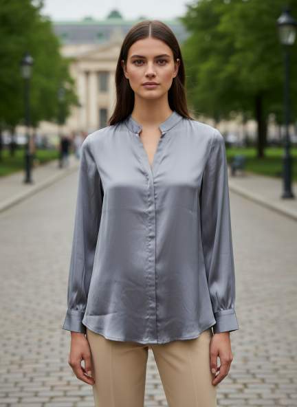 Summer Satin Bluish Grey Mandarin Collar Shirt