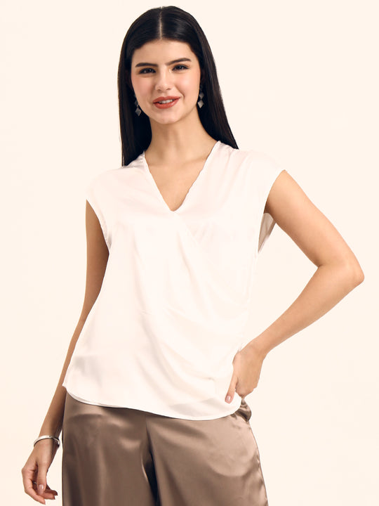 Women's Luxury European Satin V Neck Pleated Sleeveless Top