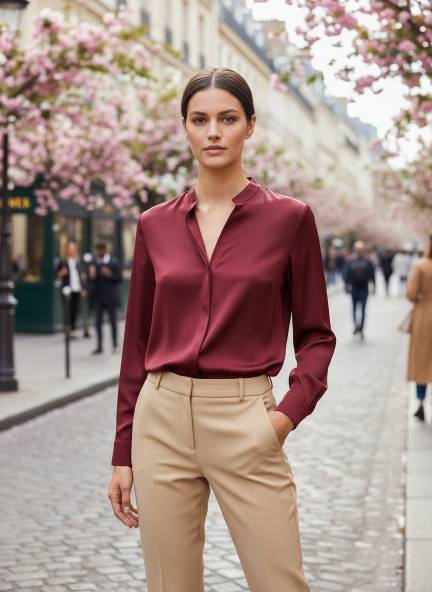 Summer Satin Maroon Mandarin Collar Shirt