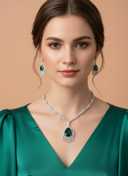 Green Emerald Cubic Zirconia Necklace & Earrings Set for Women