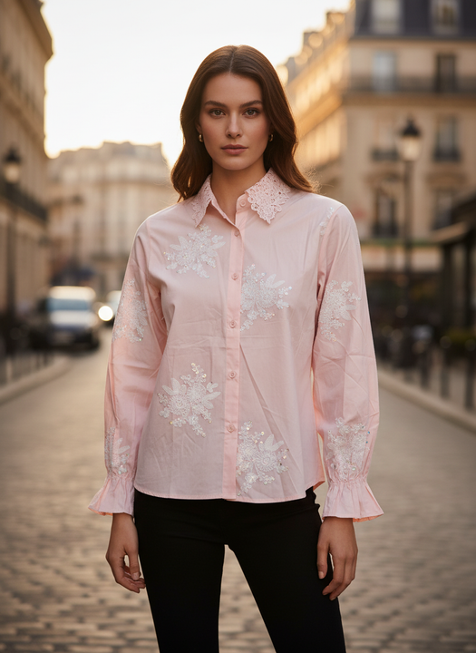 Pink Lace Embroidered Shirt for Women