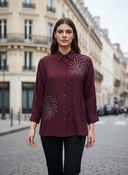 Maroon Spiral Pearl Beaded Linen Shirt
