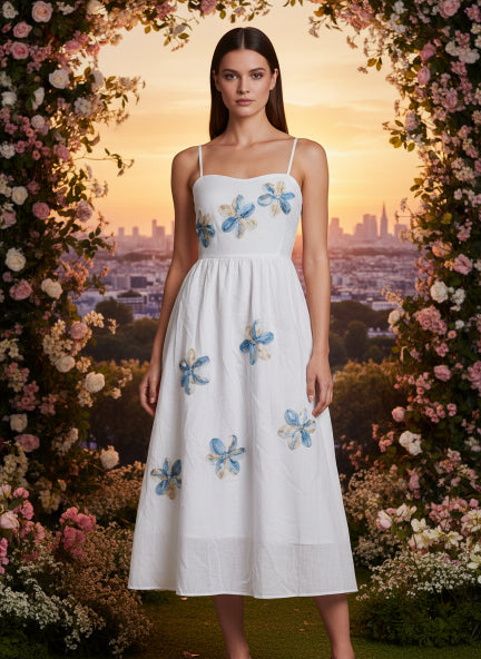 Elegant White Floral Appliqué Midi Dress for Women