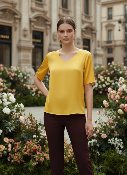 European Satin-Finish, V-Neck Top