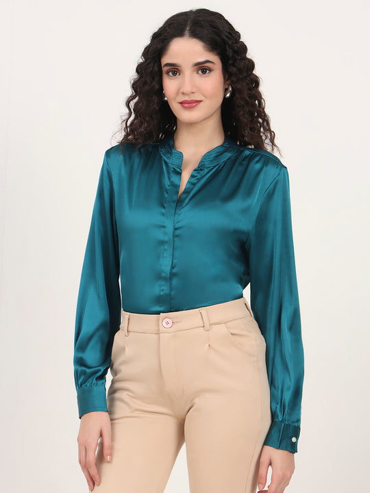 Summer Satin Peacock Mandarin Collar Shirt