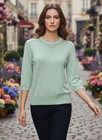 Elegant Mint Green  Sleeve Knit Top for Women