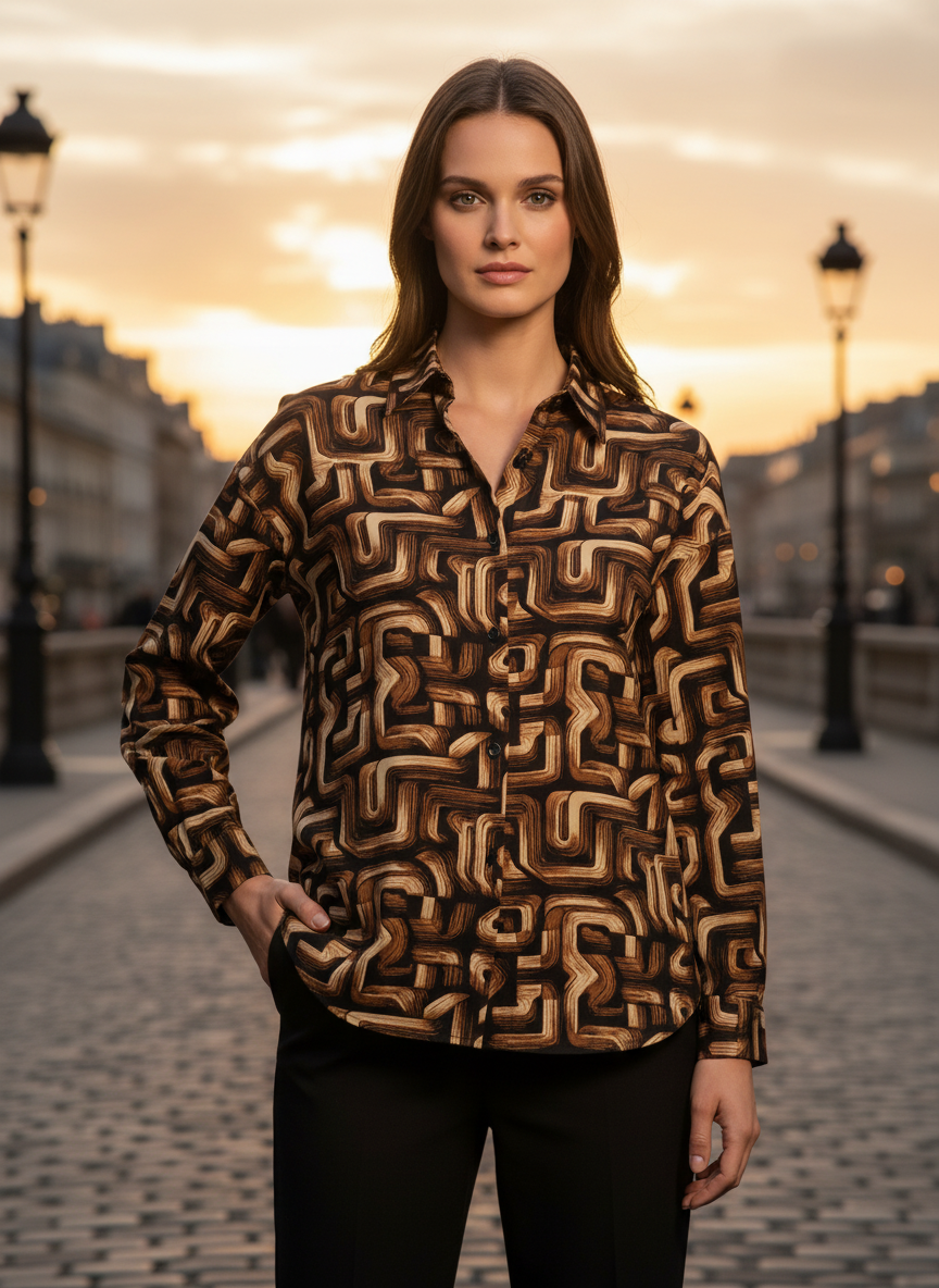 Brown Abstract Geometric Print Full Sleeve Shirt for Women