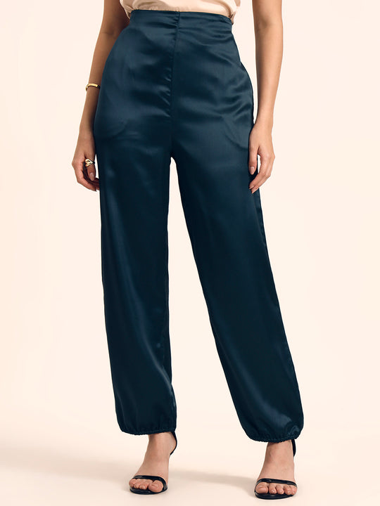 Luxury Satin Wide Leg Pants European Fabric  Emerald  Green Glam Look