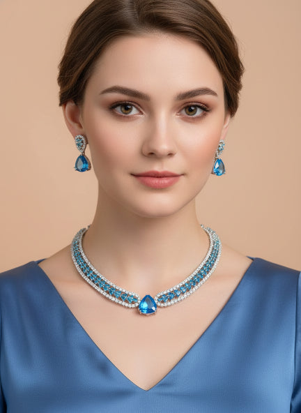 Elegant Blue Crystal Necklace & Earrings Set