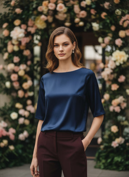 Elegant Navy European Satin Top