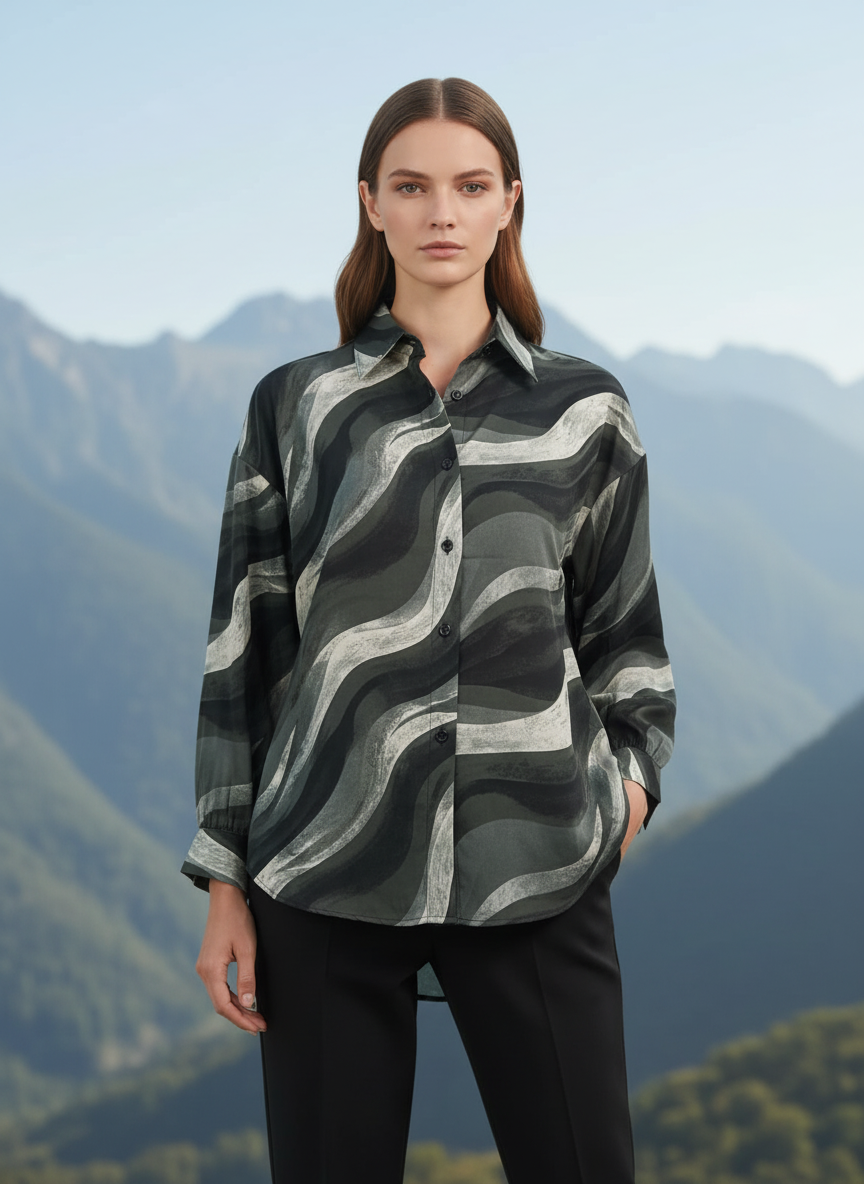Women's Grey & Black Abstract Wavy Printed Oversized Shirt