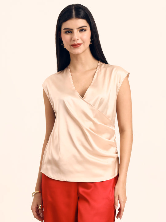 Women's Luxury European Satin V Neck Pleated Sleeveless Top