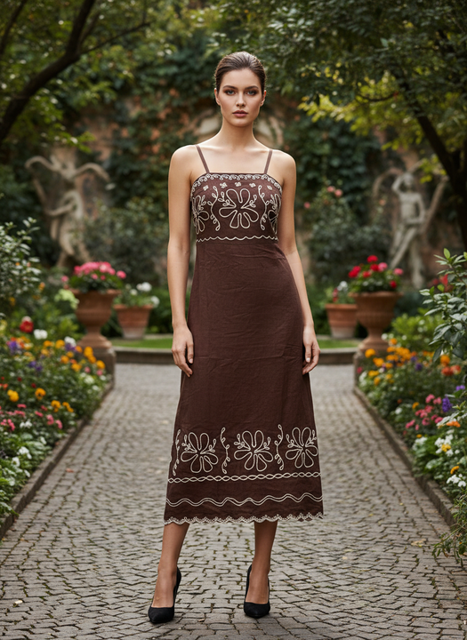 Elegant Brown Embroidered Midi Dress for Women
