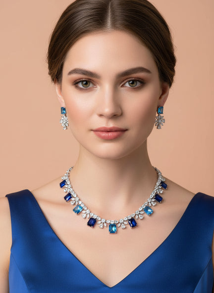Blue Cubic Zirconia Necklace & Earrings Set for Women