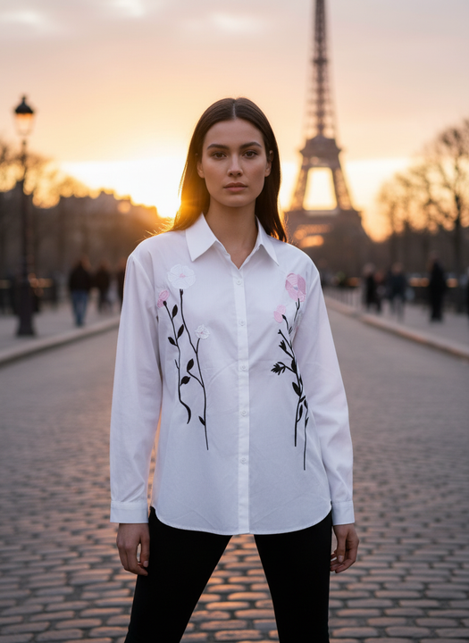 Elegant Floral Embroidered White Shirt for Women