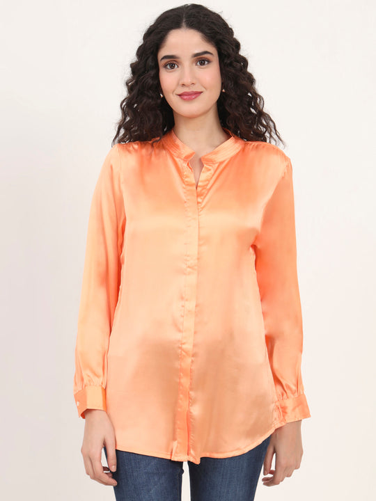 Summer Satin Crimson Orange Mandarin Collar Shirt