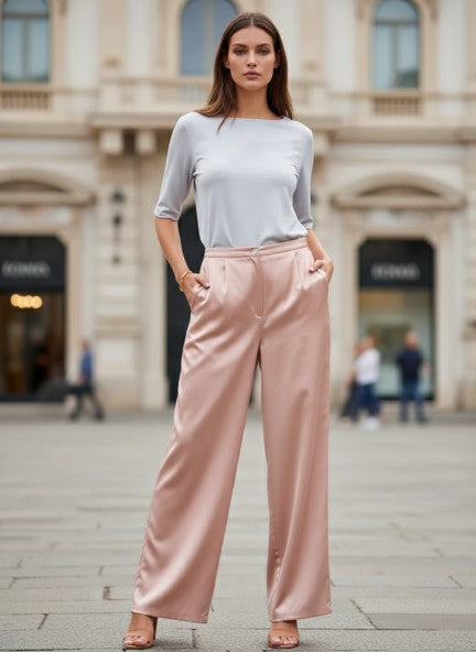 European Satin Flared Pleated Trouser