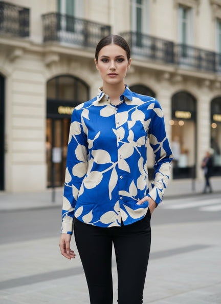 Women'S Premium Rayon Shirt With Blue Floral Print