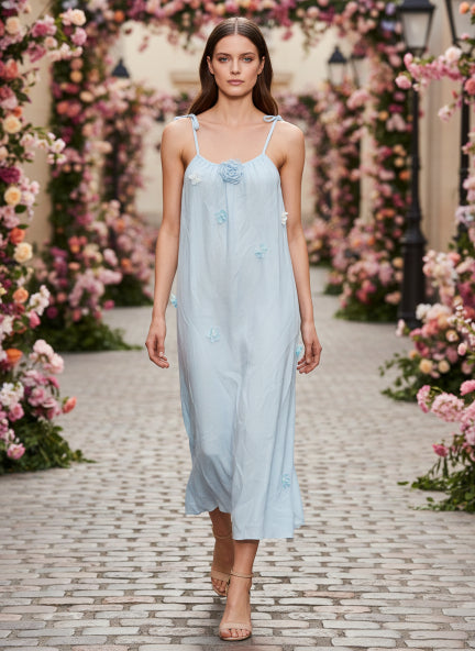 Sky Blue Floral Appliqué Midi Dress