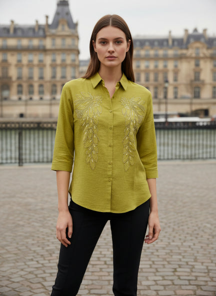 Luxury Olive Beaded Linen Shirt