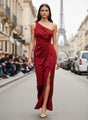 One-Shoulder European Satin Dress Crimson Red