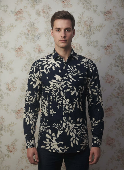 Men'S Premium Rayon Shirt With Black Floral Print
