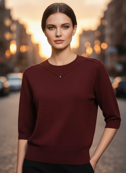Elegant Burgundy Half Sleeve Knit Top with Embellished Neckline