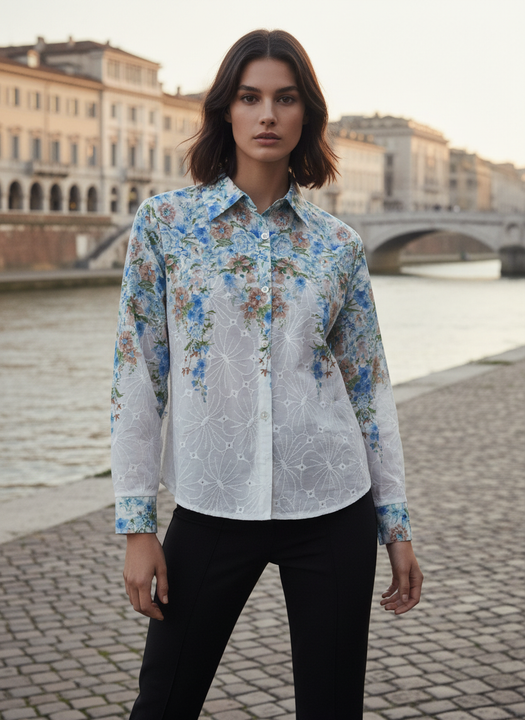 White Blue Floral Embroidered Shirt for Women