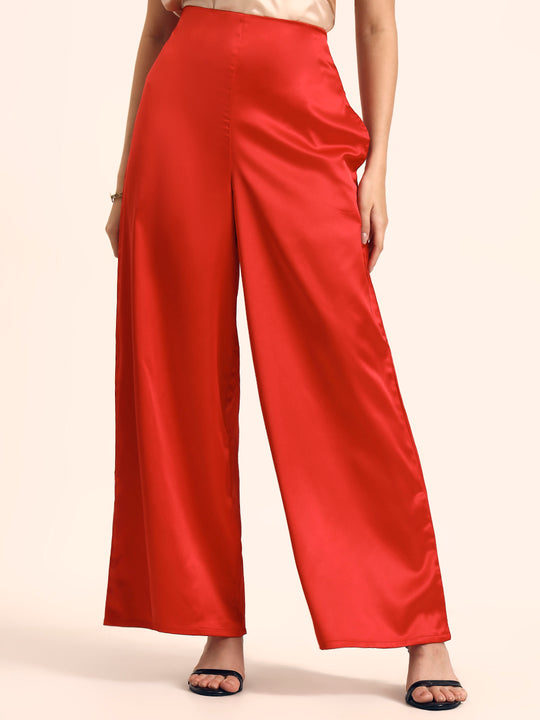 Luxury Satin Wide Leg Pants European Fabric  Red Glam Look