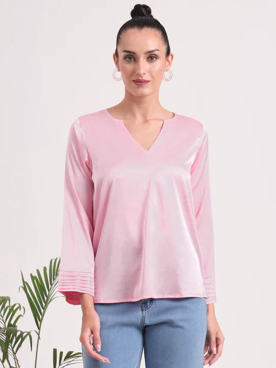 European Satin V Neck Long Sleeve Top