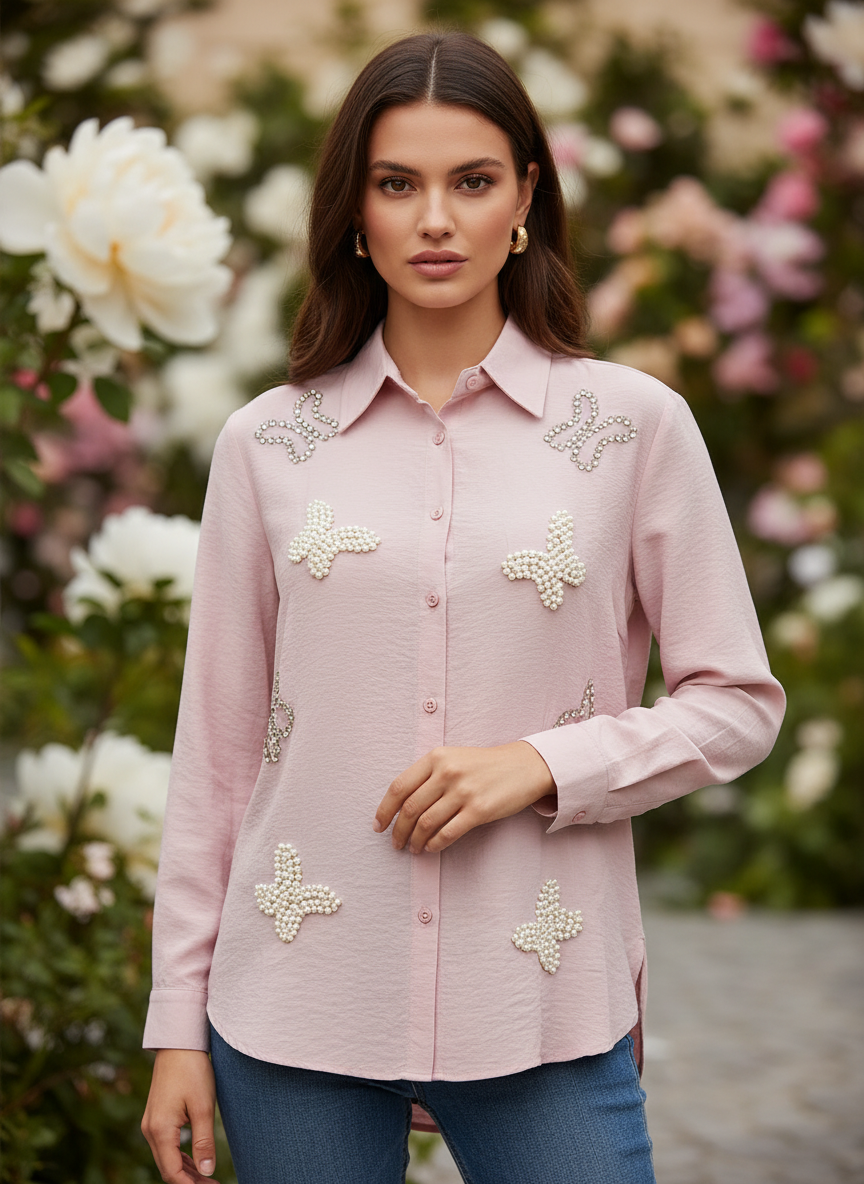 Blush Pink Pearl Embellished Designer Shirt