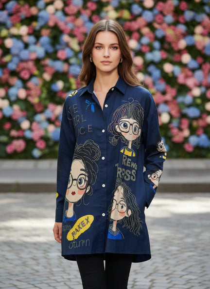 Stylish Navy Blue Printed Long Shirt Tunic for Women