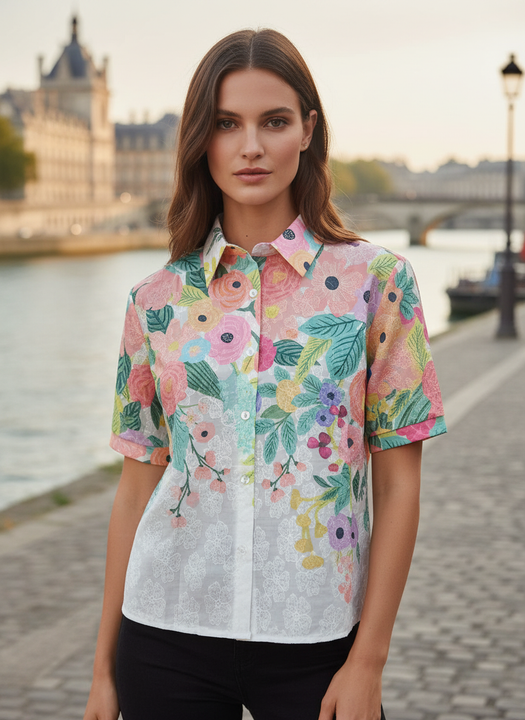 Multi Floral Printed Women Short Sleeve Shirt