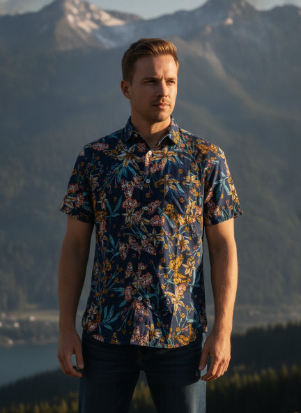 Navy Jungle Print Premium Rayon Shirt