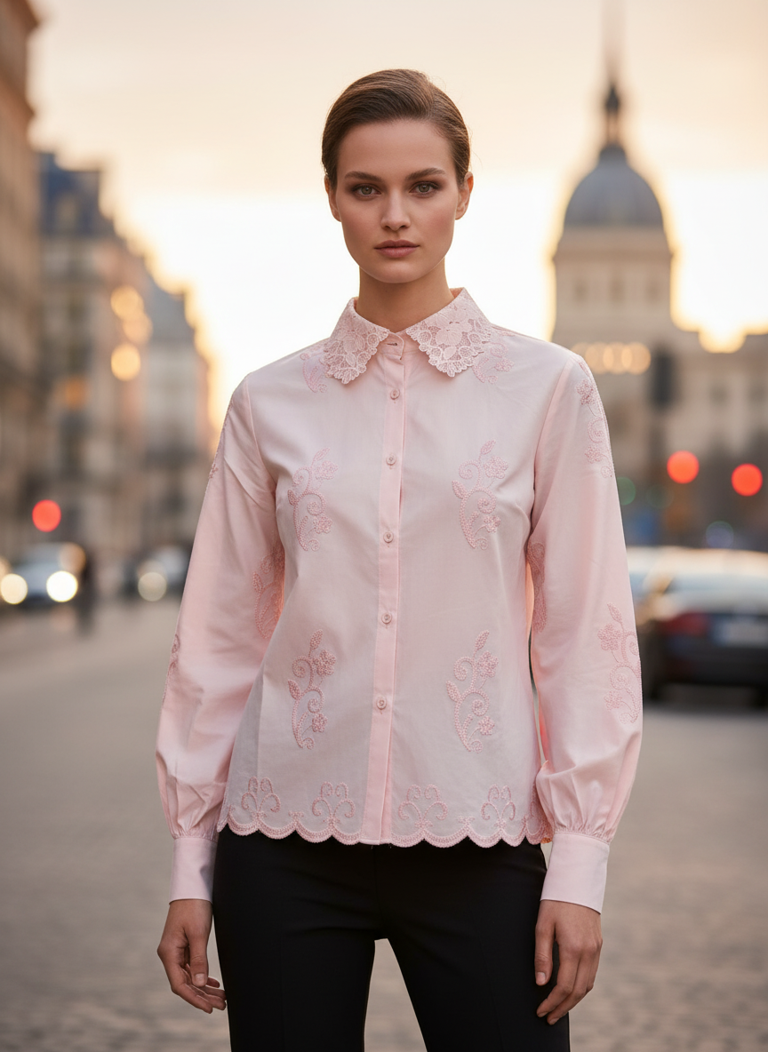 Elegant Pastel Pink Embroidered Women’s Shirt