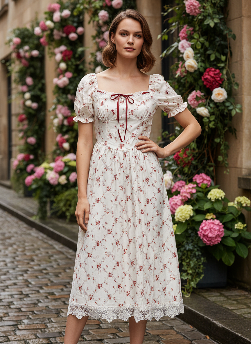 White Floral Puff Sleeve Midi Dress with Lace Hem