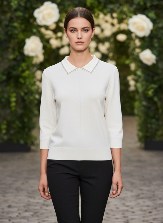 White Knit Top with Embellished Peter Pan Collar