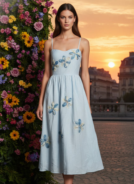 Elegant Sky Blue Floral Embroidered Midi Dress for Women