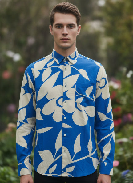 Men'S Premium Rayon Shirt With Blue Floral Print