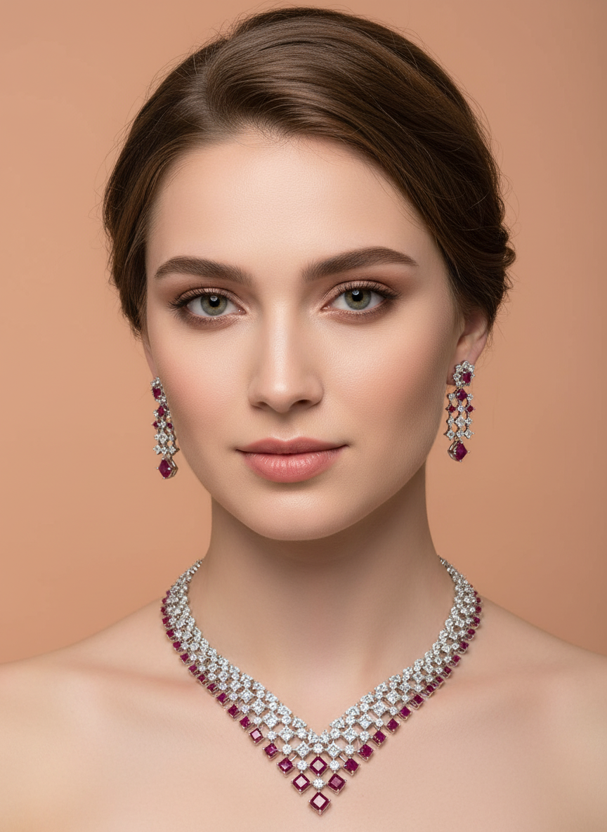 Luxury Ruby Red Cubic Zirconia Bridal Necklace & Earrings Set