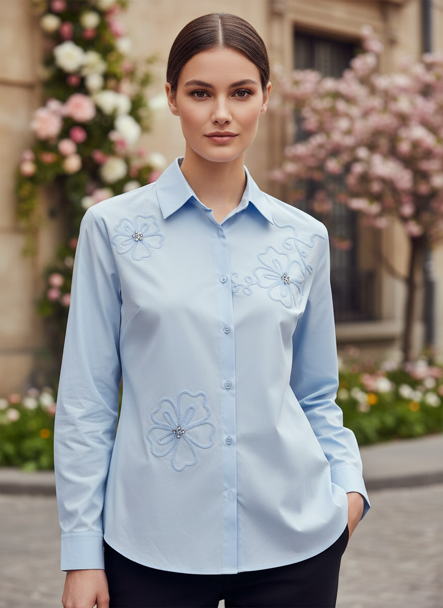 Light Blue Floral Embroidered Shirt for Women